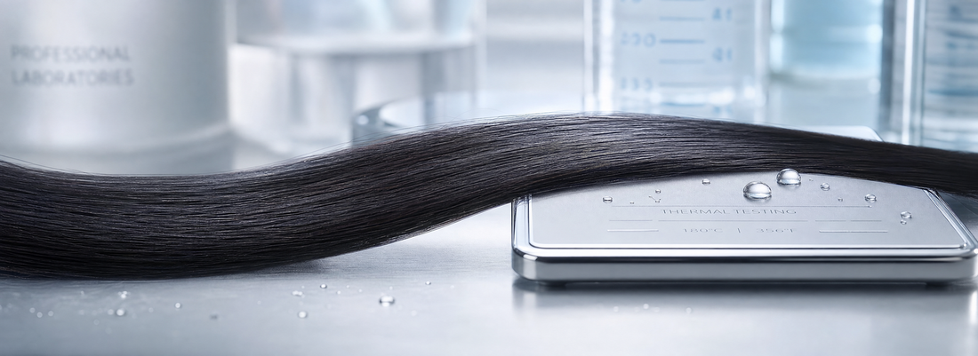 Glossy straight dark hair beside professional smoothing and hair care products