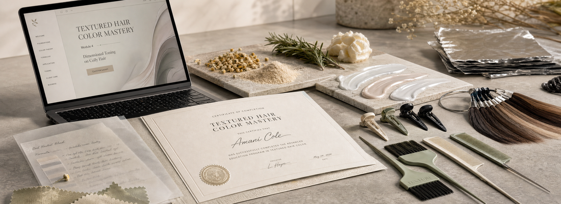 Professional stylist reviewing a digital hair course certificate beside formaldehyde-free salon hair treatment products