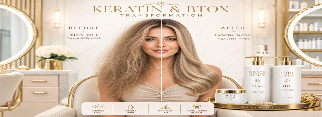 Healthy shiny chemically treated hair after keratin, Btox, color care, and sulfate-free maintenance