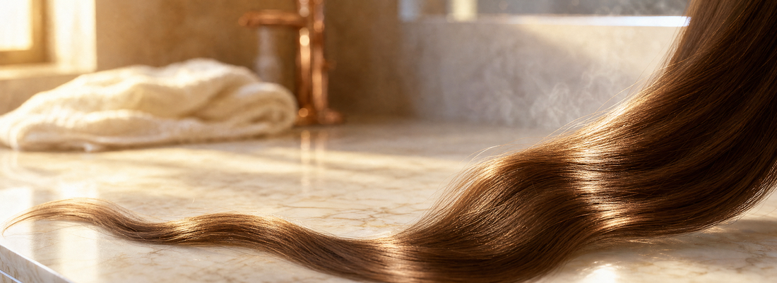 Glossy straight frizz-free hair beside formaldehyde-free smoothing product bottles