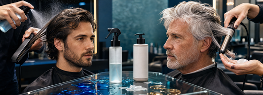 Man styling short hair with a flat iron beside a heat protectant bottle, comb, hair dryer, and temperature-control display