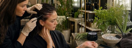 Stylist examining a section of glossy hair beside a caviar protein treatment bowl, brush, gloves, blow-dryer, and temperature-control flat iron