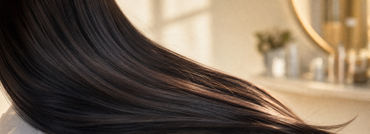 Glossy straight hair beside formaldehyde-free smoothing and hair care products