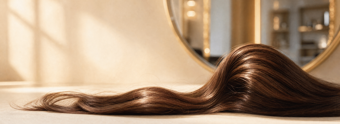 Glossy straight hair beside formaldehyde-free smoothing and aftercare products