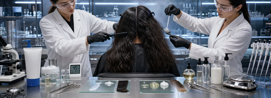 Hair stylist comparing shampoo, conditioner, smoothing treatment bottles, blow-dryer, round brush, and flat iron beside a section of frizzy hair