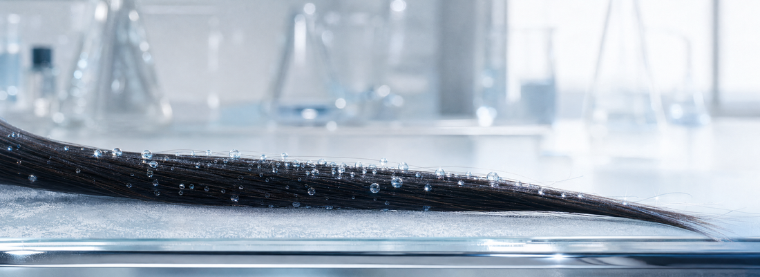 Glossy straight hair beside anti-frizz straightening treatment bottles