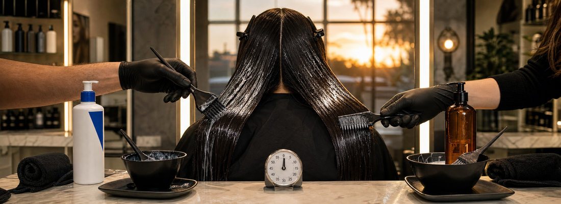 Open hair gloss containers, a tint brush, comb, round brush, and polished hair swatches arranged on a salon workstation